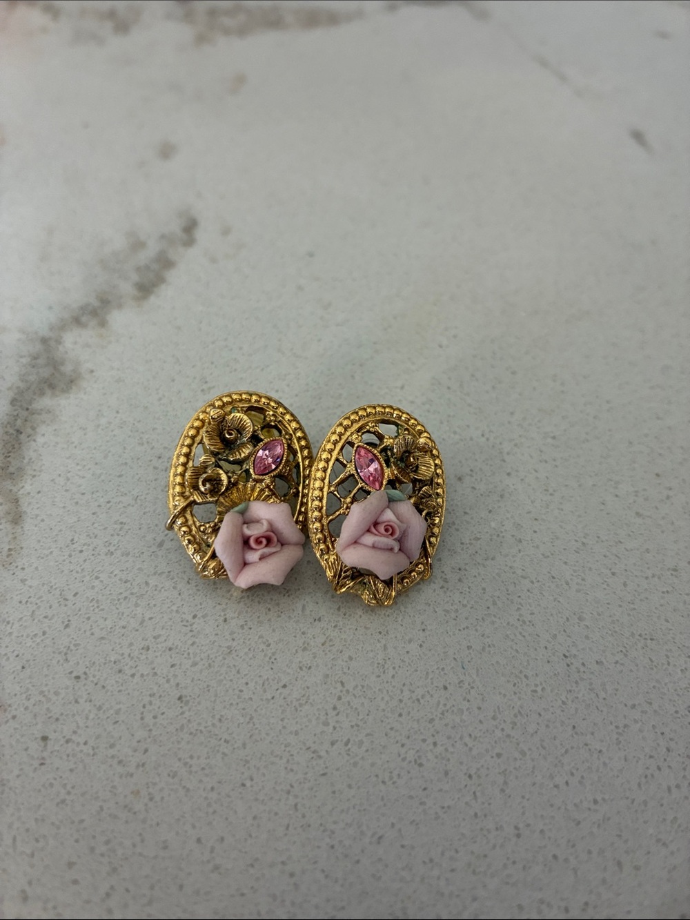 Gold-Tone Floral Porcelain Rose Earrings with Pink Crystal Accents